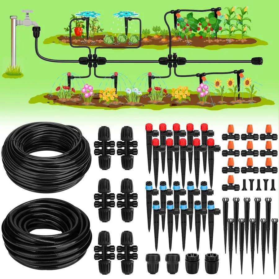

Irrigation System, 40FT 1 2 Mainline amp 100FT 1 4 Tubing, with Adjustable Drip Emitters Misting Sprinkler, Efficient Sprinkler