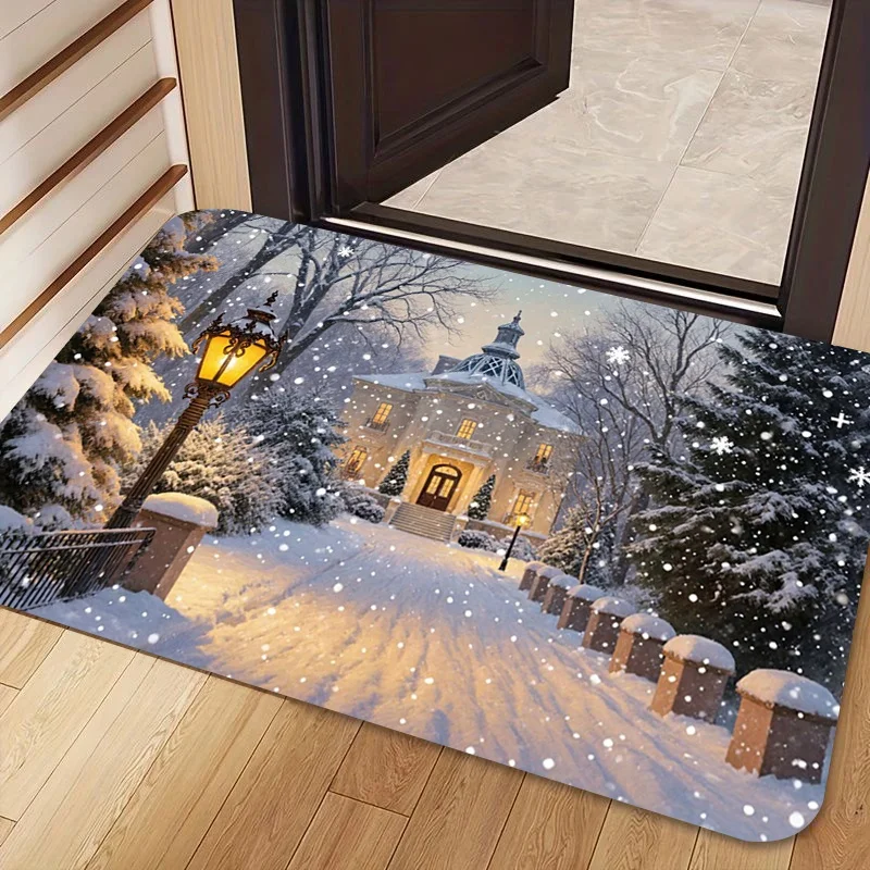 Snowy Manor Christmas Doormat Glowing Retro Street Lamp Falling Snow Mansion Winter Landscape Art Print Romantic Holiday Decor