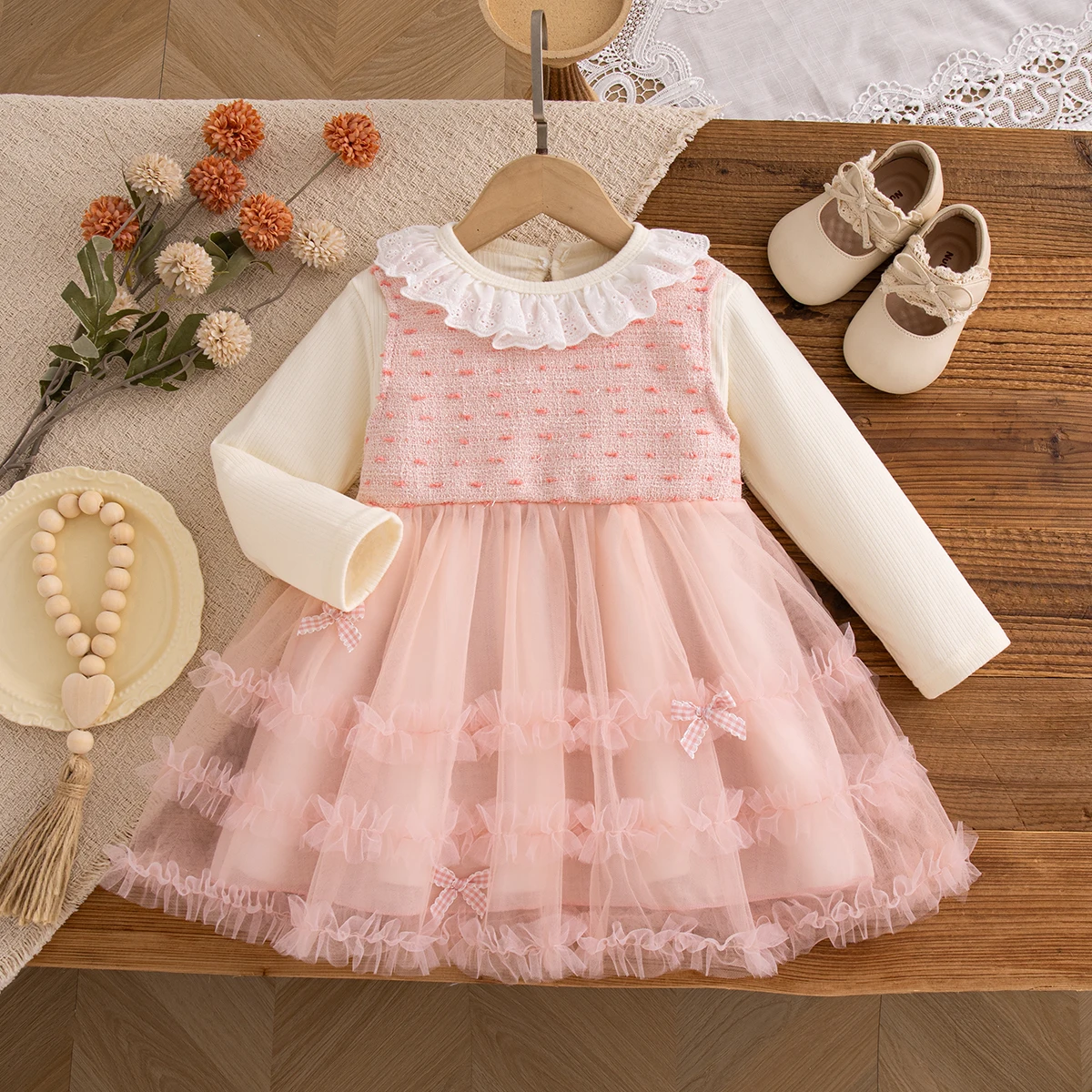 Autumn New Bow Chiffon Baby Girl Princess Dress Beige Knitted Long Sleeved Children'S Clothing (9 Months -3 Years Old) 4