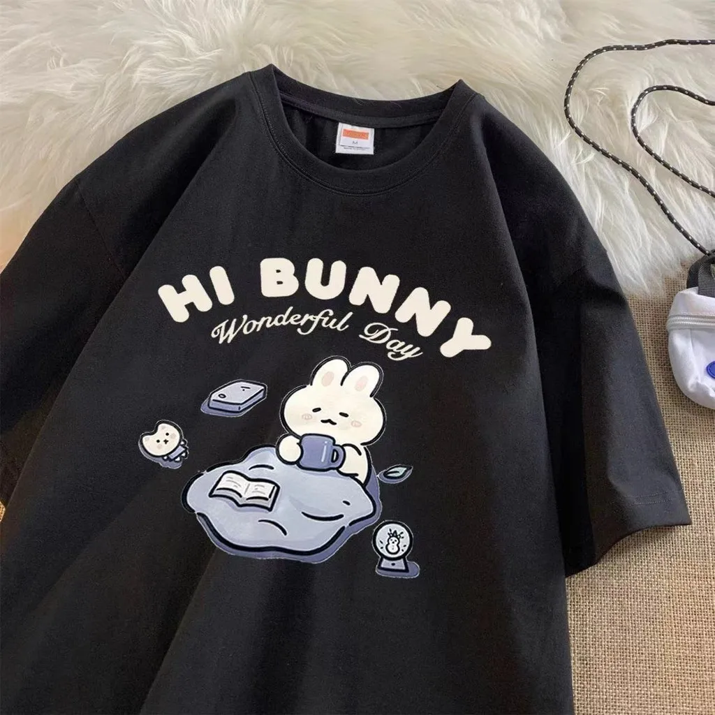 Summer Japanese Cute Tea-drinking Rabbit Printed Short-sleeved T-shirt for Ladies Fashion Harajuku Kawaii T-shirt Y2K Clothing