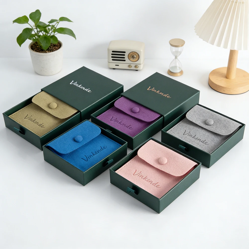 

100Pcs Custom Logo Luxury Earring Bracelet Necklace Ring Box 9x9x1.7cm Jewelry Packaging Drawing Boxes Microfiber Button Pouch