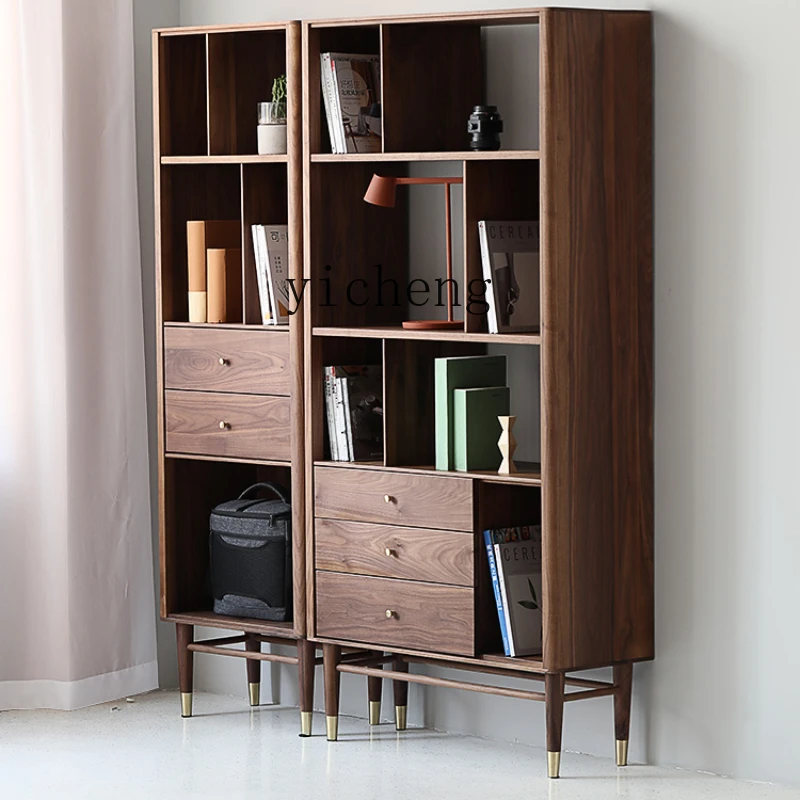 

ZC Bookcase Shelf Modern Minimalist Black Walnut Solid Wood Bookcase Bookshelf Grid Cabinet