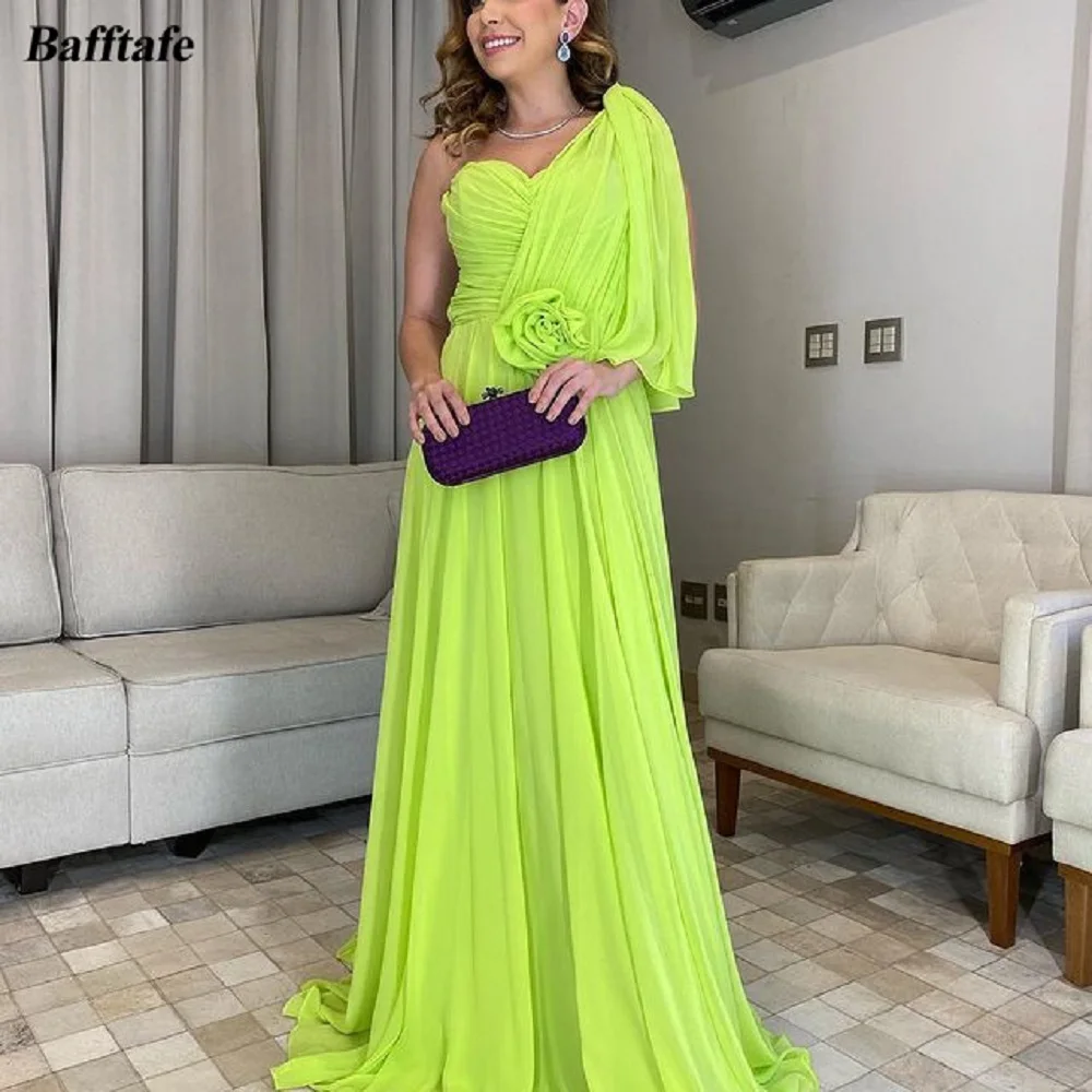 

Bafftafe Mint Green Chiffon Women Evening Party Dresses Vintage Prom Gowns One Shoulder Pleats Flower Formal Event Dress 2023