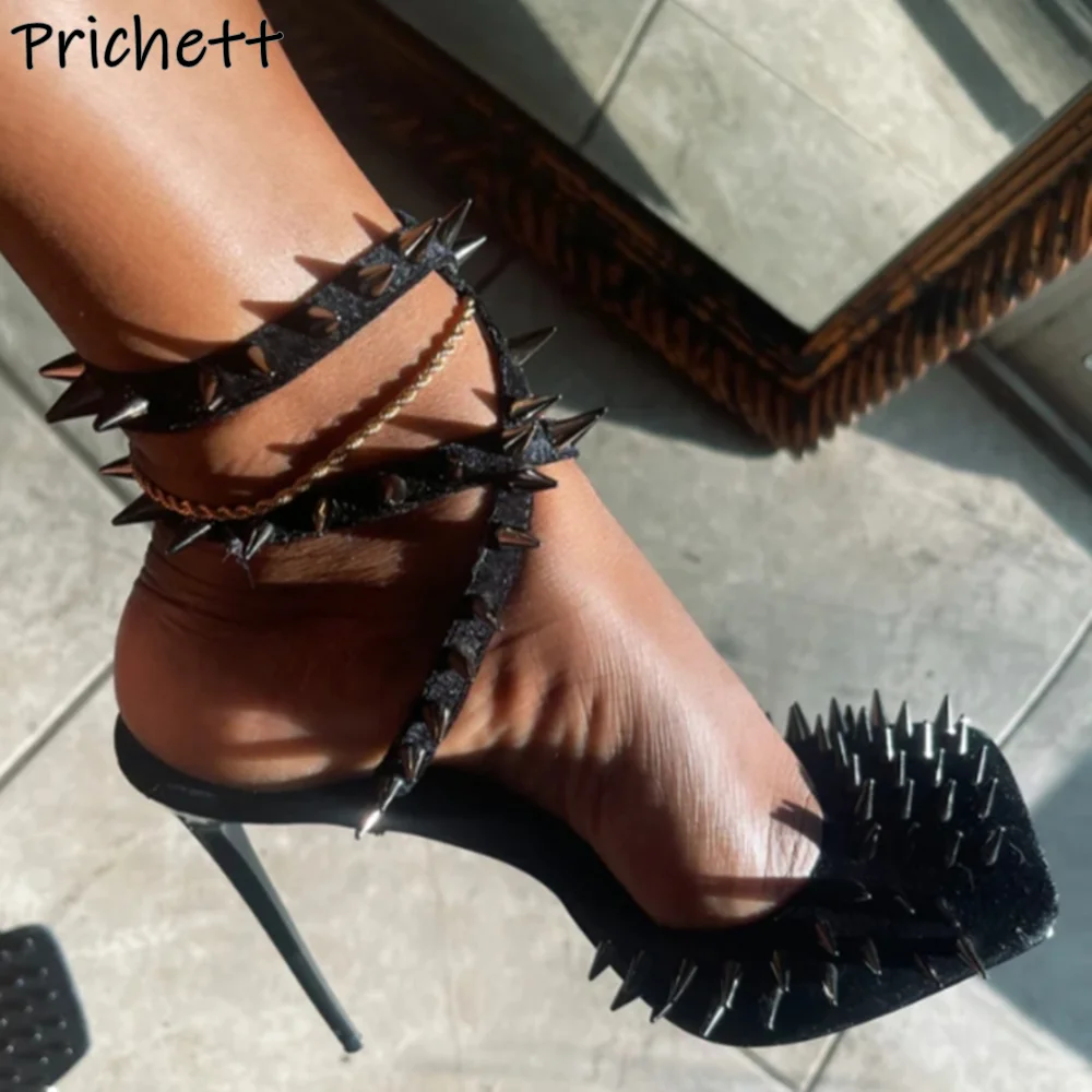 

Rivet Ankle Band Square Toe Sandals Black Thin Heels Slingback Spike Dark Punk Cool Sandals Women's Runway Sexy Stiletto Shoes