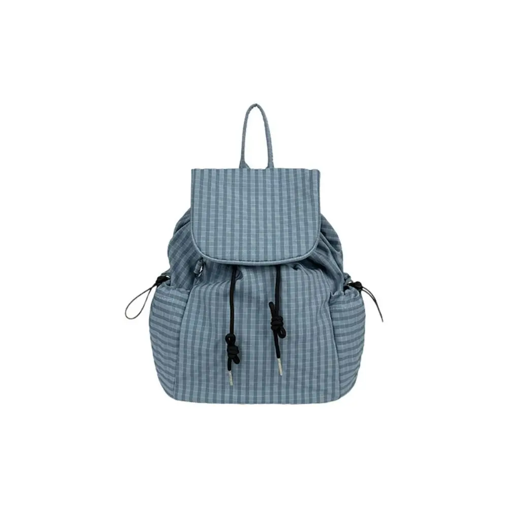 Stylish Solid Color Drawstring Backpacks Canvas Korean Ruched Shoulder Bags Large Capacity Casual Plaid Nylon Backpacks Travel
