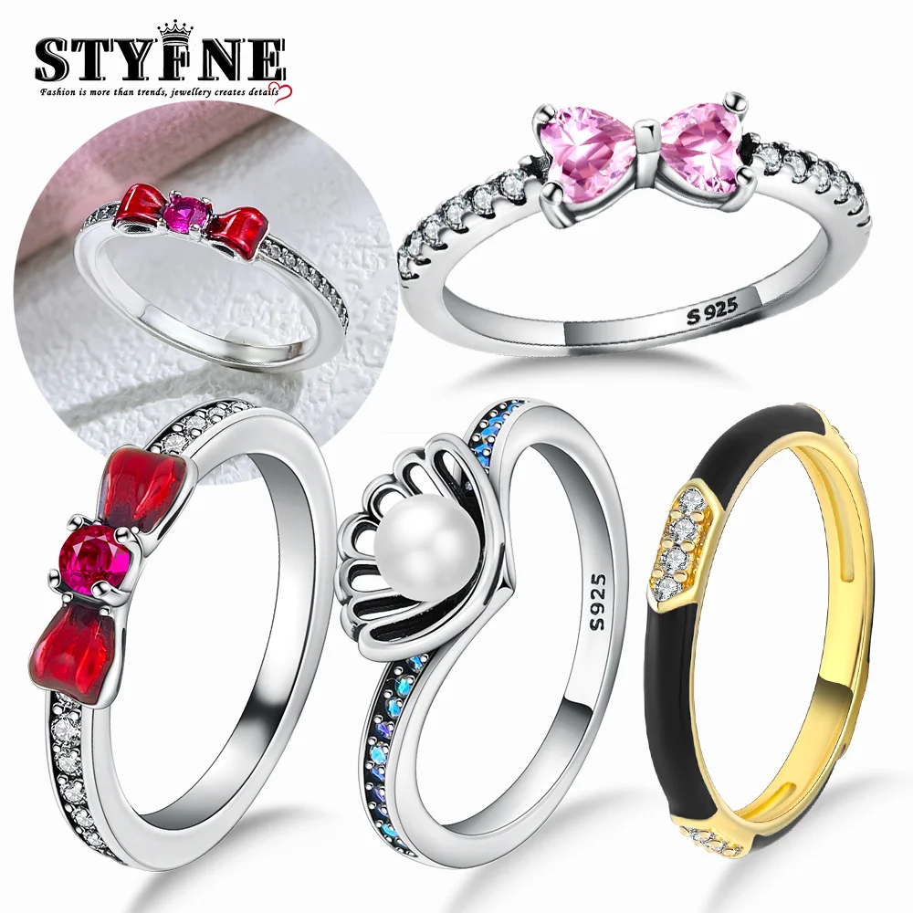 

925 Sterling Silver Rings Red Sparkling Bow Cute Crossover Black Enamel & Stones Ring for Women's Exquisite Jewelry Gifts