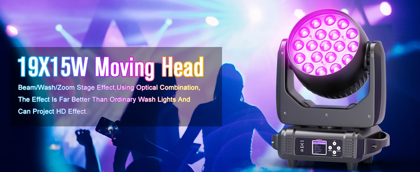 Yiflamefly 19x15W RGBW LED Beam Wash Zoom Moving Head Lights Hochwertige professionelle Bühnenbeleuchtung für DJ Disco Party KTV Bar – Detail 4