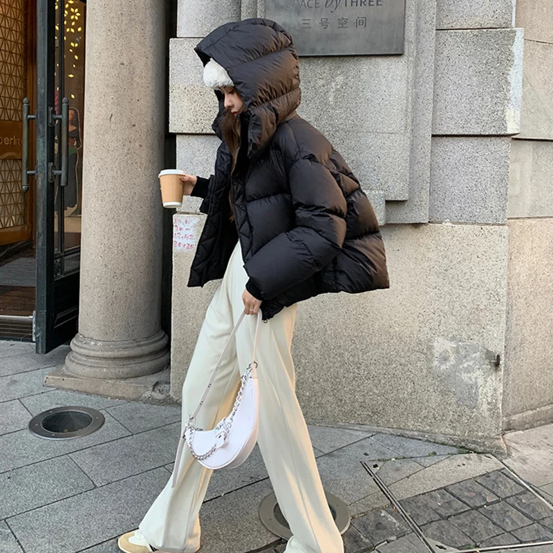 Windproof Zipper Up Stand Collar Puff Parkas Women Thicken Warm Hooded Down Cotton Coats Woman Korean Long Sleeve Short Parkas