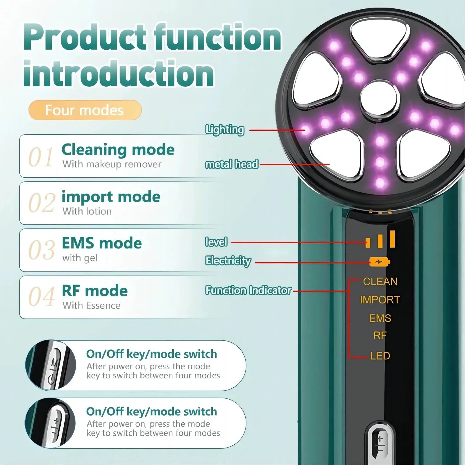 RF beauty instrument, micro-current introducer, skin care, facial firming and lifting, vibrating massage, anti-aging