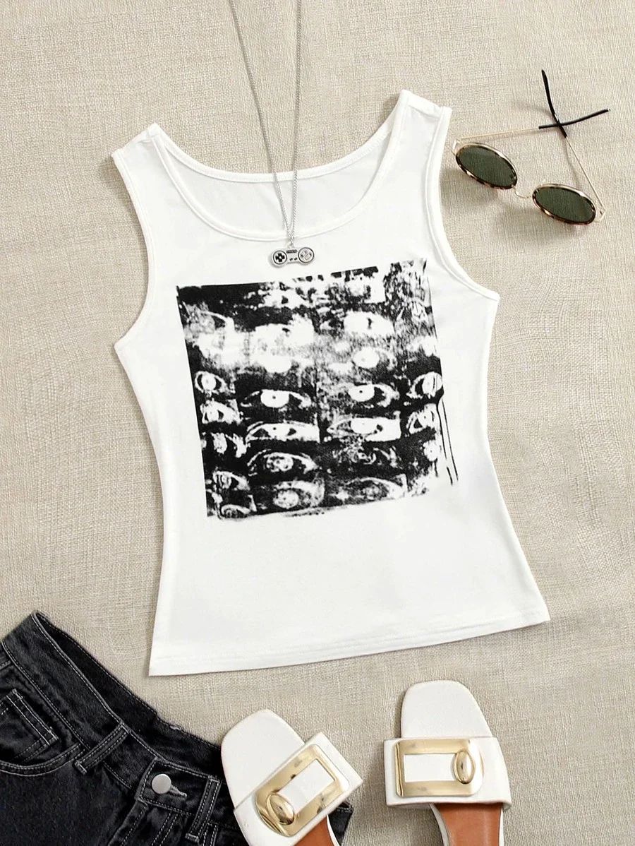 Printcess Women‘s Summer Sleeveless Round Neck Vest Crop Tank Ins Y2K T-Shirt Top Tees Cool Street Fashion Women Clothing 2023