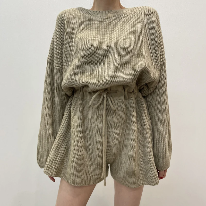 Chic Retro round Ne Bal Gathered Waist Long Sve Knitted  Women's Suit High Waist Wide Leg Pants