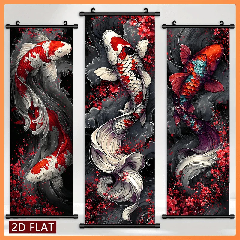 VIKAMA Moody Cherry Blossom Koi Triptych Wall Scroll Poster Colorful Fish Vintage Japanese Canvas Art Print Hanging Painting