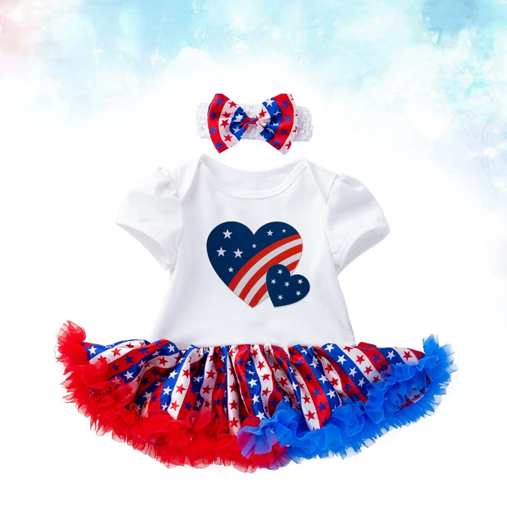 

Short Sleeve Romper Dress Tutu Ruffle Stars Stripes Heart Print Headband Toddler Girl Clothes Outfits Baby Dress