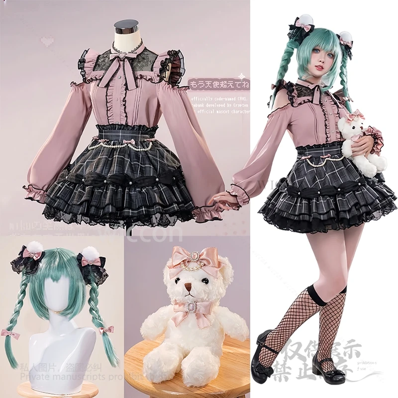 

Anime Mikuuu Cosplay Costume Cute Pink Black Short Dress Y2K Jirai Kei Costume Mikku Wigs Doll Props Women Halloween Dress SML