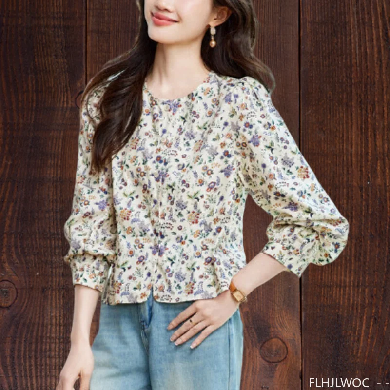

Cotton Blends Tops Blouses New 2025 Autumn Woman Cute Sweet Girls Slim Peplum Top Floral Printed Retro Vintage Button Shirts