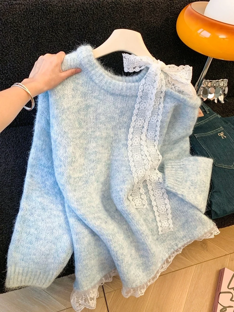 Retro laço vermelho nó oulder bared camisola feminina outono inverno doce preguiçoso sle solto macio malha irt