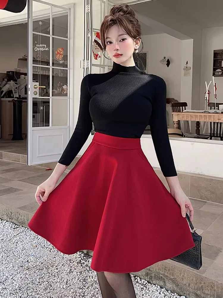 

Модный женский комплект: сексуальный топ с высоким воротником и защитой шеи, теплый, облегающий, черный, и пышная юбка с высокой талией.