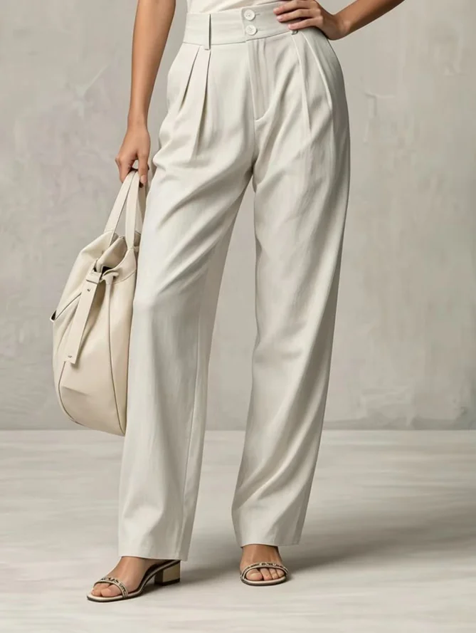 Versatile and Simple Style for Commuting, Double-Button Elastic Waist, Loose Fit, Slimming, Lightweight, Elegant, Casual, Everyday, Workplace, Intellectual, Solid Color, Suit-Style Straight-Leg Pants, Spring and Summer Women's Outfit