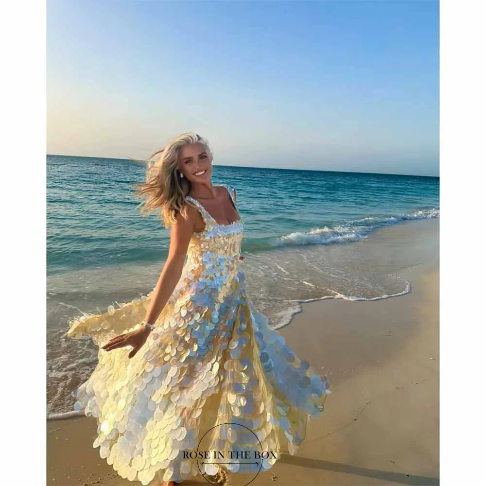Sequined A-line Evening Dresses Square Neck Cute Beach Party Dress for Women Luxury Ankle Length Birthday Gowns Customized