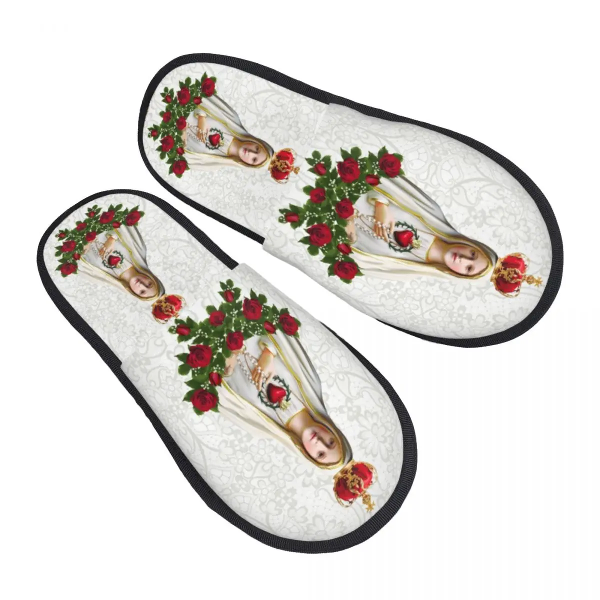 Custom Our Lady Of Fatima Virgin Mary House Slippers  Comfy Memory Foam Portugal Rosary Catholic Slip On Bedroom Slipper Shoes