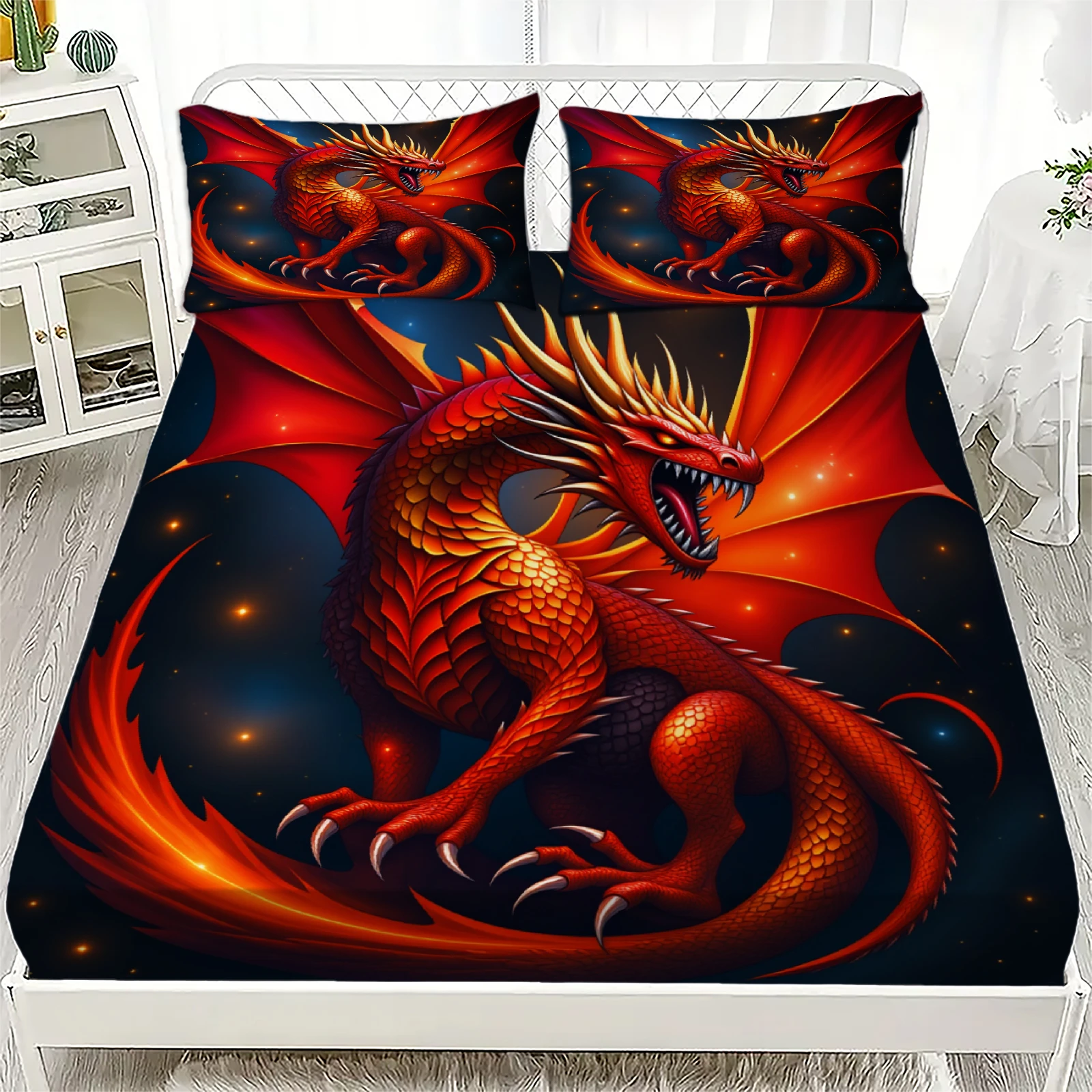 3pcs Fitted Sheet Set Dragon 3D Printed Red Dragon Easy Care Durable Bed Sheet With Pillowcases For Bedroom Decor