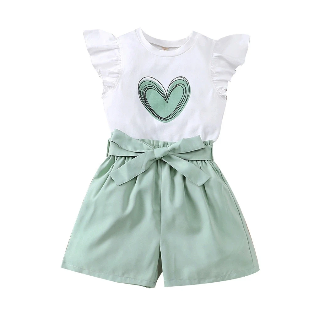 Summer Kids Girls Clothes 2pcs Set Children White T-Shirt with Green Shorts Summer Teen Girls Outfits For 8 9 10 11 12 Years
