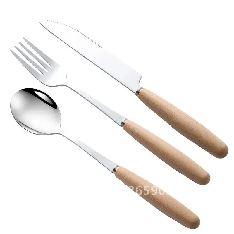 

Japanese Style Wooden Handle Stainless Steel Cutlery Set - Steak Knife Fork Spoon Solid Wood Western Food Tableware for Adults