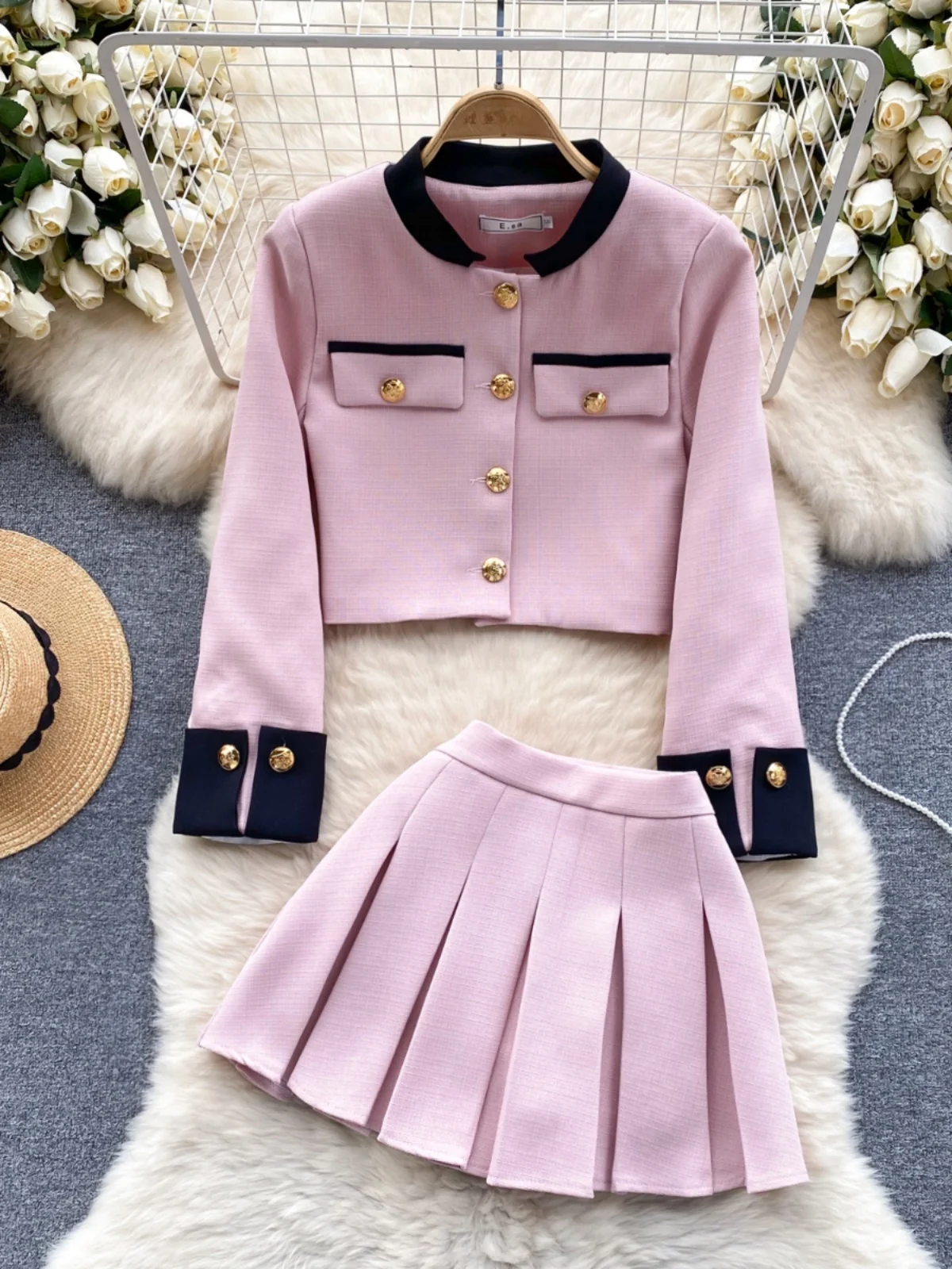 Conjunto de Moda Primavera, Diseño con Bloques de Color, Cárdigan Abierto, falda Pada, Conjunto de Dos Piezas, Estilo ...