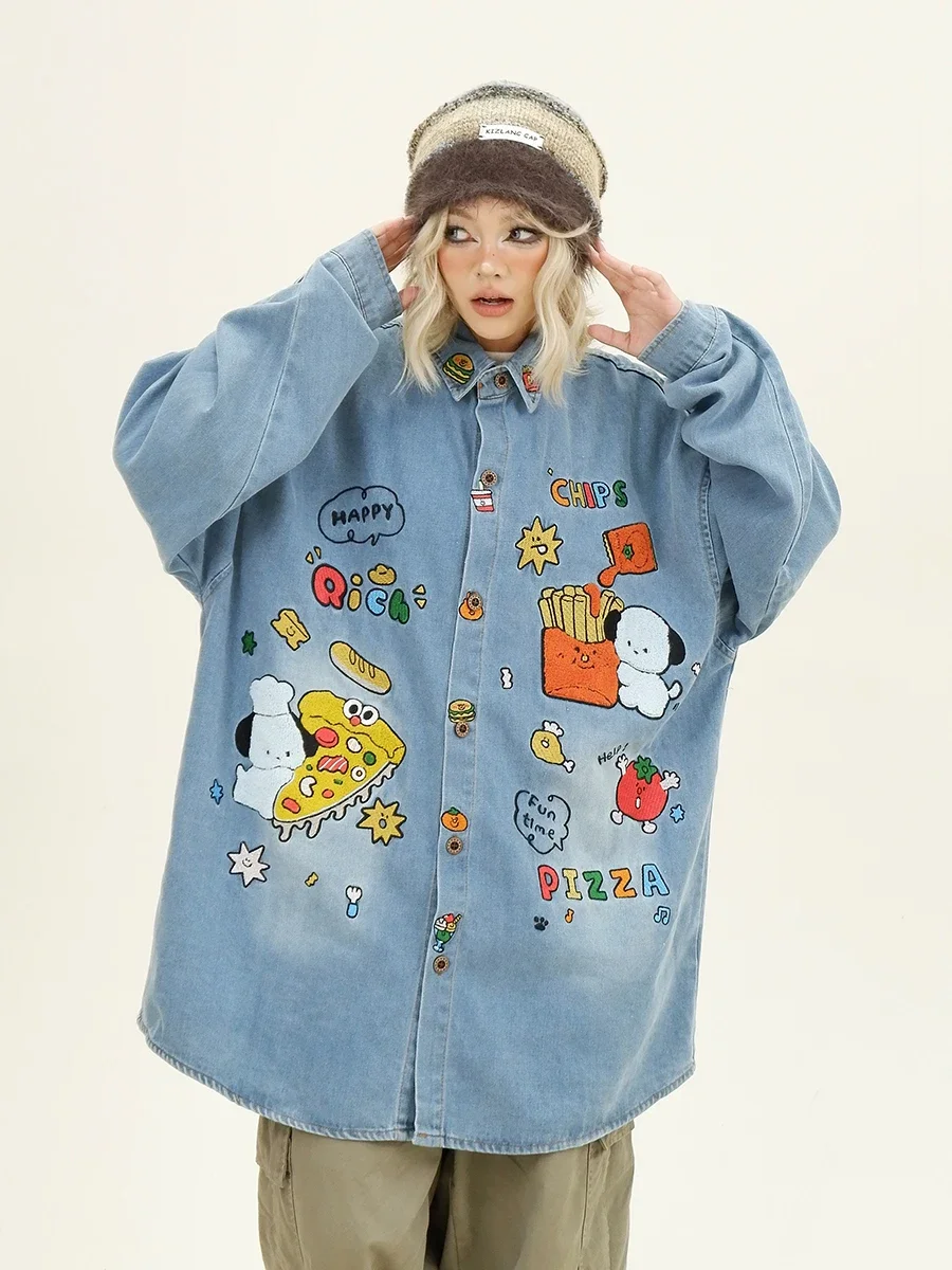 

Cartoon puppy denim long-sleeved shirt autumn new loose bf childlike retro top trendy girl 2024