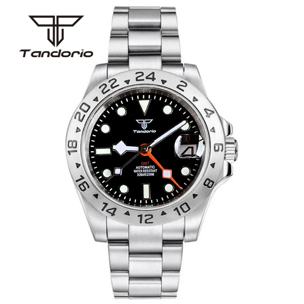 Tandorio Stainless Steel 39mm NH34A GMT Function Dress Automatic Wristwatch for Men Sapphire Glass Black Dial Date Screw Crown