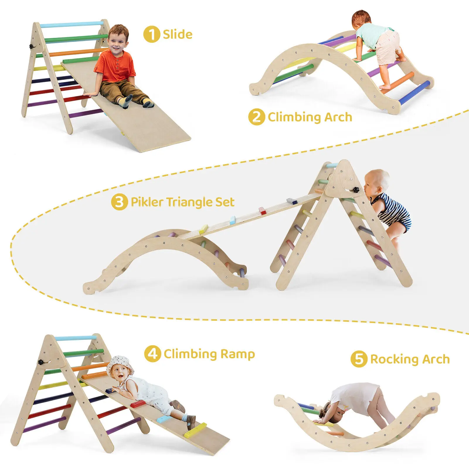 Foldable Climbing Triangle Ladder Toys with Ramp for Sliding,Climbing Set of 3 Wooden Safety Sturdy Kids Play Gym Indoor Outdoor