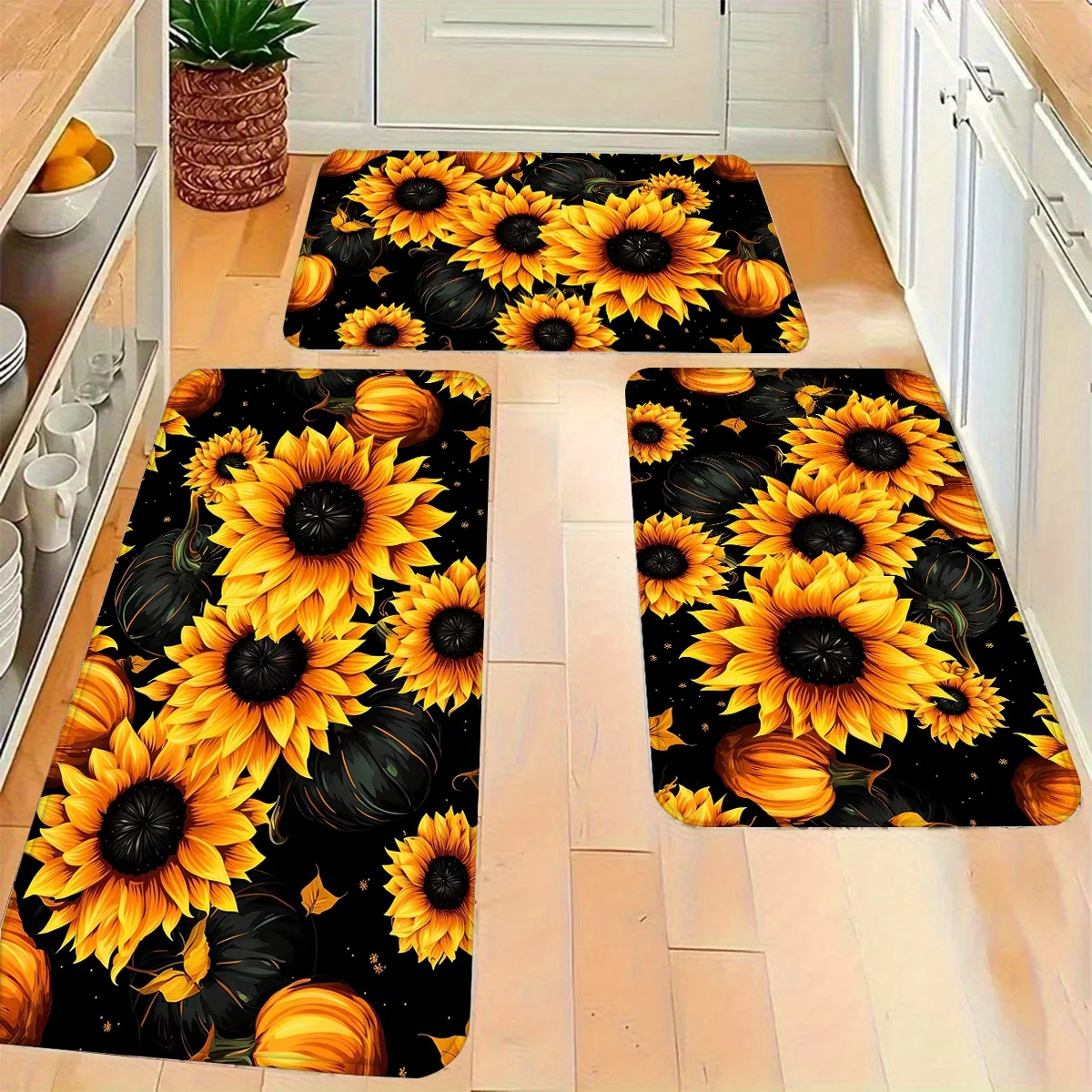 Kitchen Rug Set Featuring a Sunflower Design Mats, Suitable for Bedrooms, Living Rooms, Dining Areas, Bathrooms, Laundry Rooms