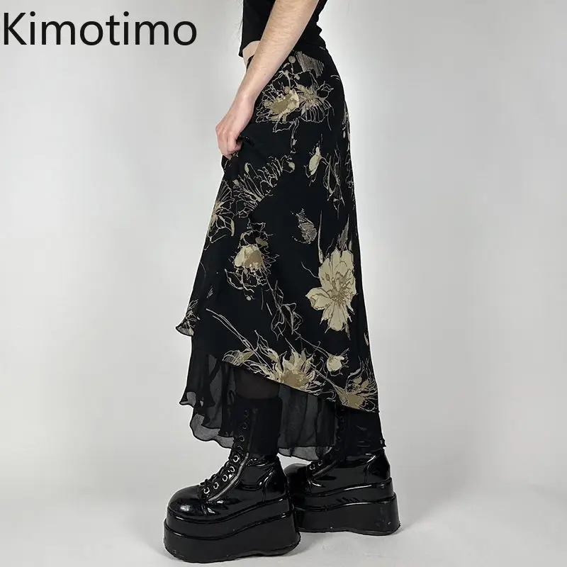 

Kimotimo Vintage Floral Print Mesh Straight Skirt Women Y2k Aesthetic Slim Mid Length Skirts 2025 Autumn Fashion Streetwear Lady