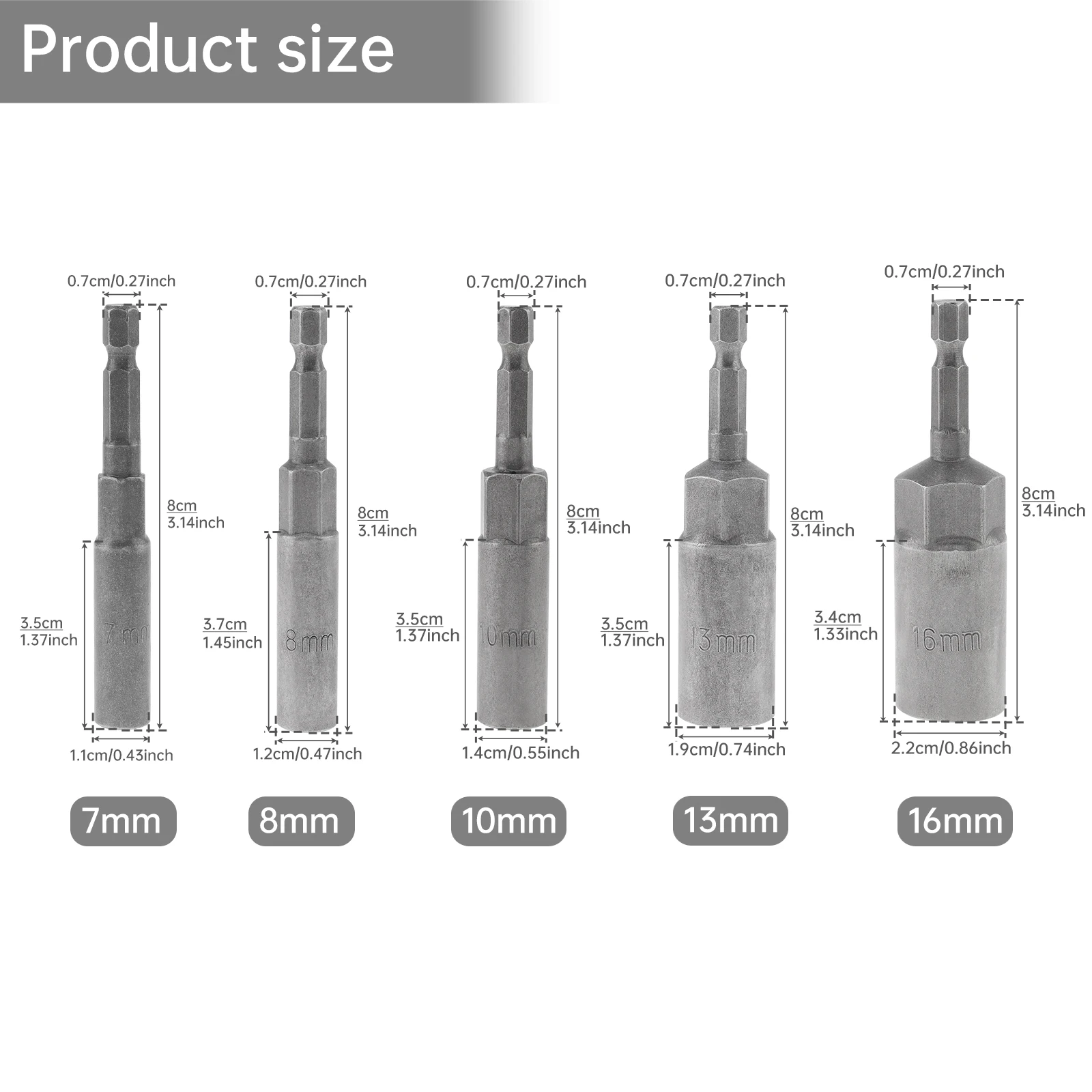 1 pc Nut Drivers Impact Screwdriver Bits Bolt Remover Tool 80 mm Length 7/ 8 / 10 / 13 / 16 mm Metric Nut Setter Driver Bit