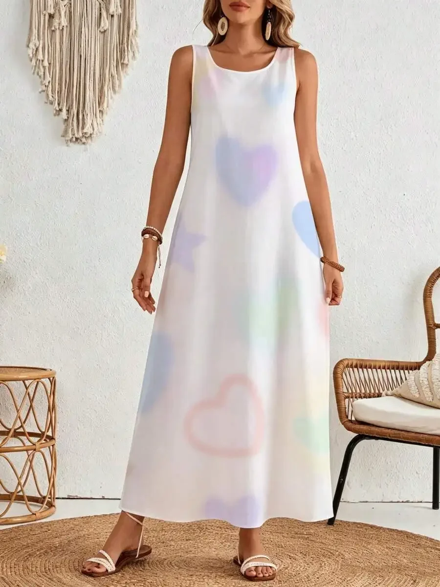 

Sleeveless White Midi Dress With Heart And Star Print Summer Beach Vacation Wear
