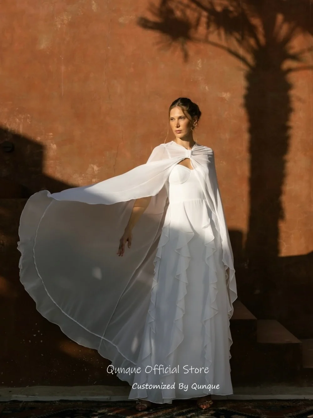 Qunque Cascading Ruffle Cape Overlay Civil Wedding Dress A Line Bridal Gown Chiffon Minimalist Vestido De Novia Boda Customized