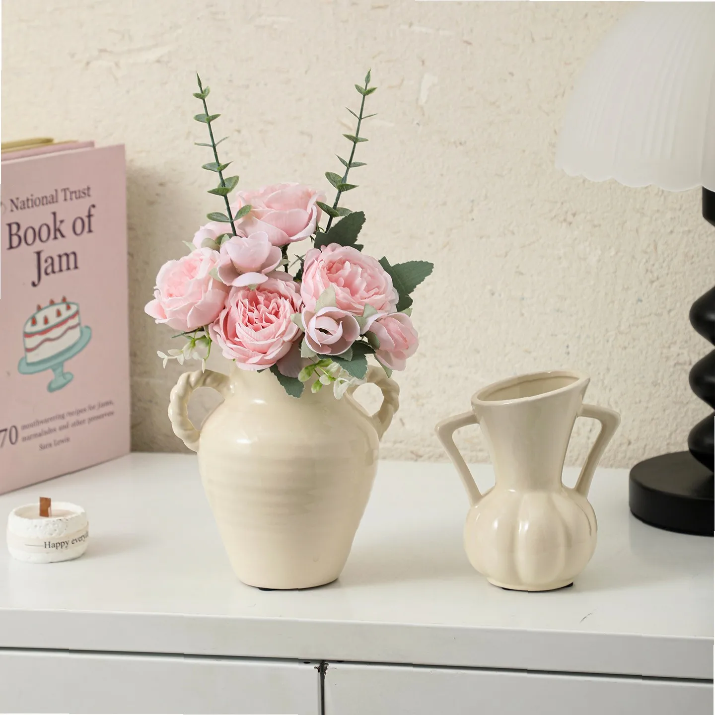 Creamy Ceramic Vase with Double Handles, Creative Home Decor for Living Room Table, Flower Arrangement & Plant Display