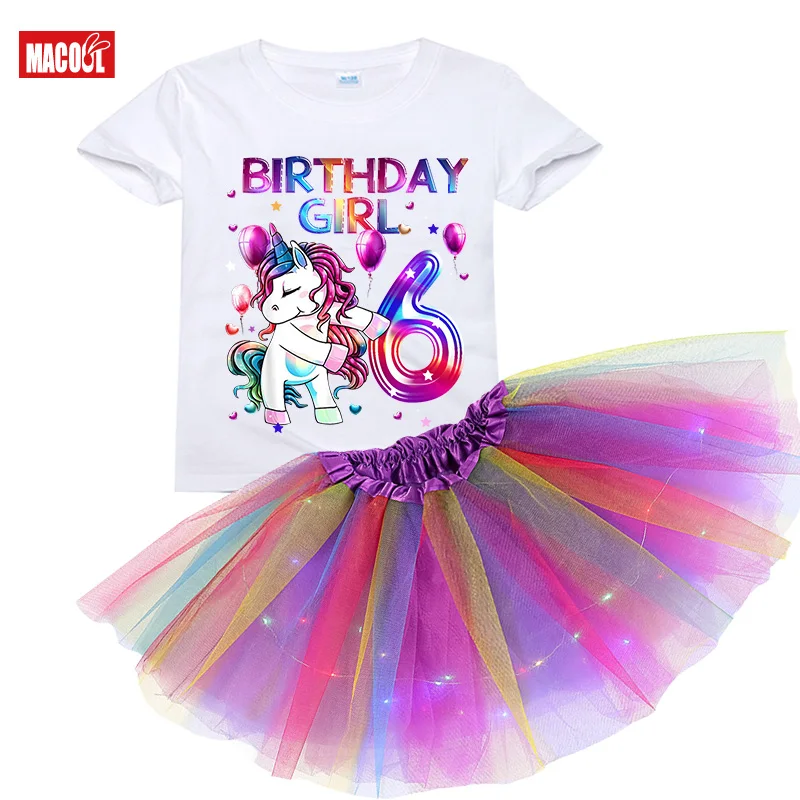 Girls birthday set Suits Tshirt Tutu Sets Led Light Dress Kids Suit Baby Outfit Clothes 2 Piece Sets Skirt Girls Clothes 6 years