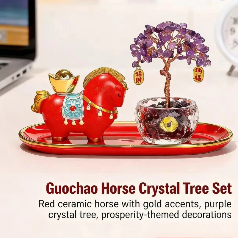 Citrine Year of the Horse Crystal Cute Horse Money Trees Handmade Gravel Crafts for Home Office Decor Housewarming Birthday