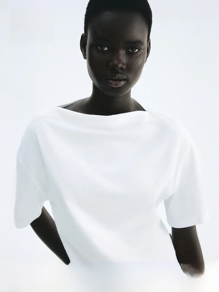 

H&M Летняя женская модная повседневная футболка с вырезом-лодочкой, короткий рукав, стандартная длина, брендовая, 100% хлопок