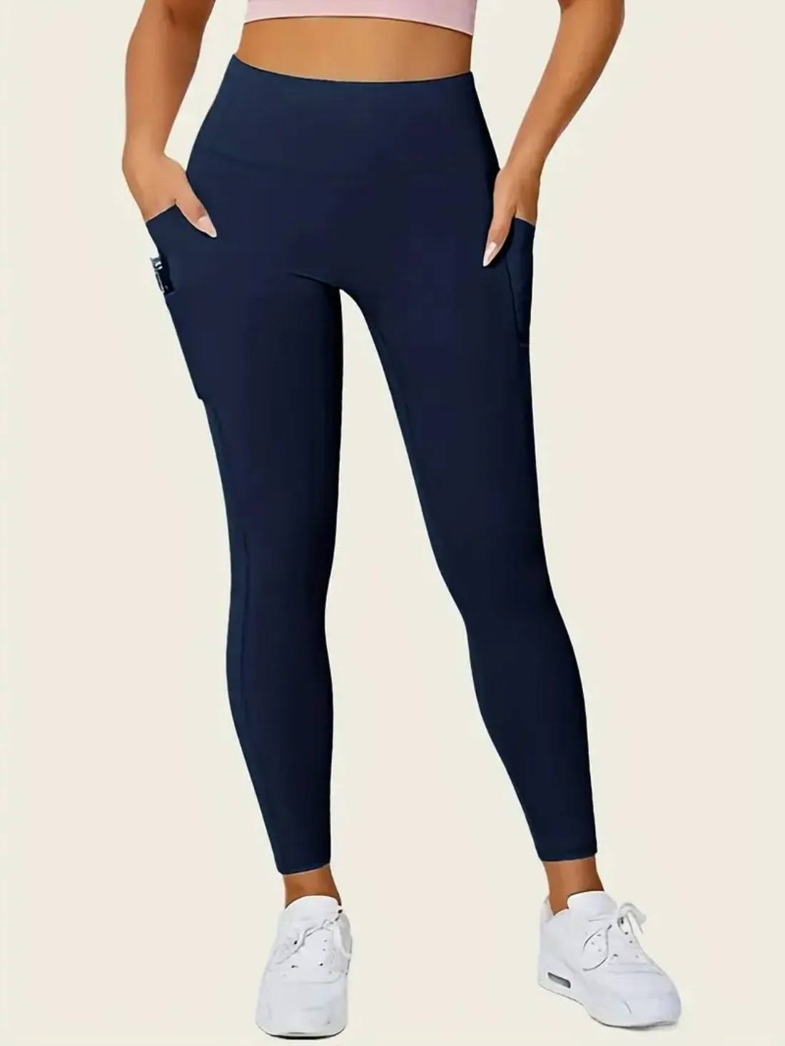 

Solid Color High-Stretch Yoga Pants - Moisture-Wicking, Breathable Leggings with Comfort Waistband & Side Pocket for Workout/Cas