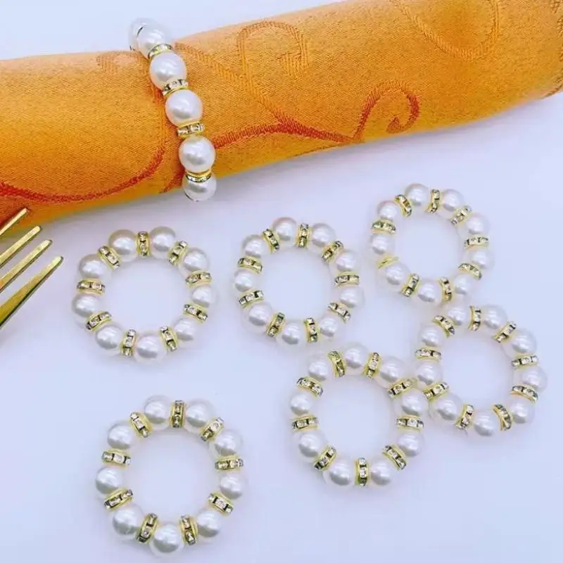 Luxuriöse Perlenbesetzte Serviettenringe Goldener Halter Perlenring Serviettenhalter Eleganter Elastischer Serviettenringhalter für Dinner und Bankette – Detail 4