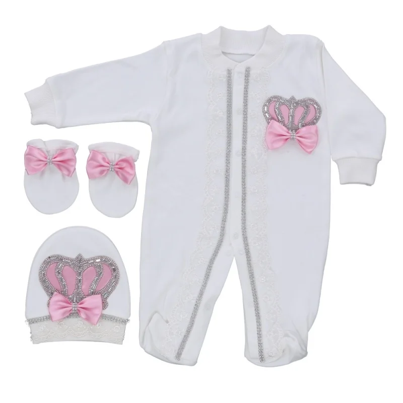 

0-9 Months Baby Diamond Crown Romper Set Pink Bow Footed Jumpsuit Luxury Baby Shower Gift for Newborn