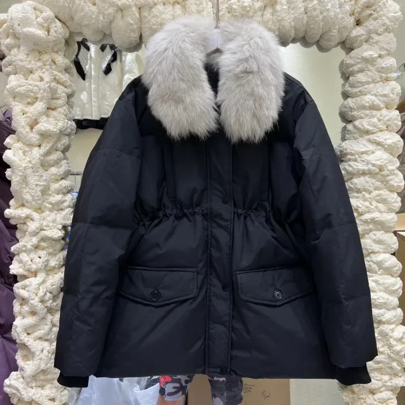 Winter New Fox Large Fur Collar Down Coat for Women Loose Thickened Warm White Duck Down Coat