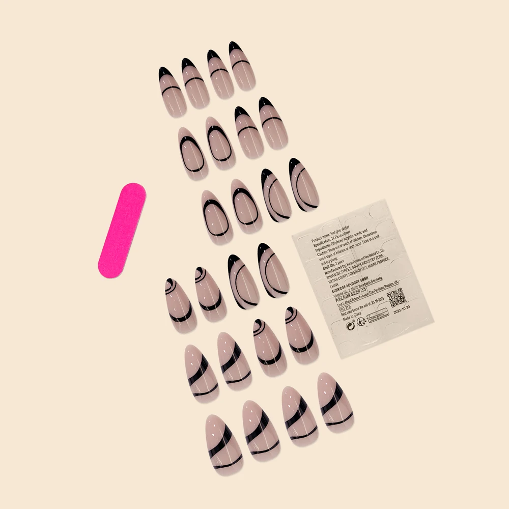 Women Girls Simplicity Short Water Droplet Pink French Black Striped Geometric Shape Splicing Wearable Nail Art Fake Nails Set
