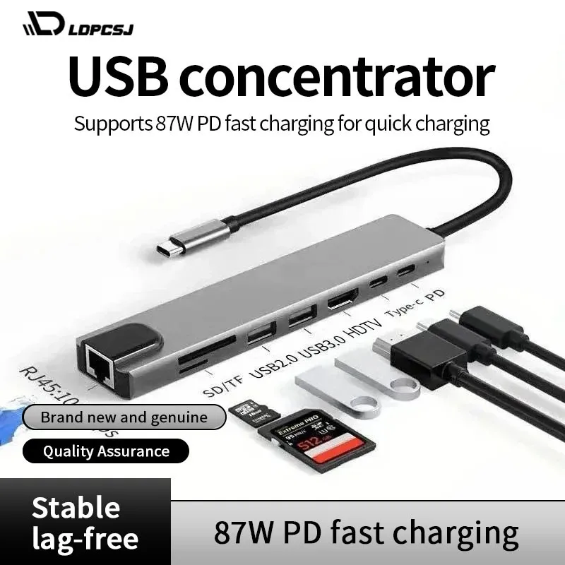 

LDPCSJ 8-в-1 USB C Hub 4K Type C Разветвитель Док-станция со считывателем карт RJ45 HDMI SD TF для MacBook Air M1 iPad pro