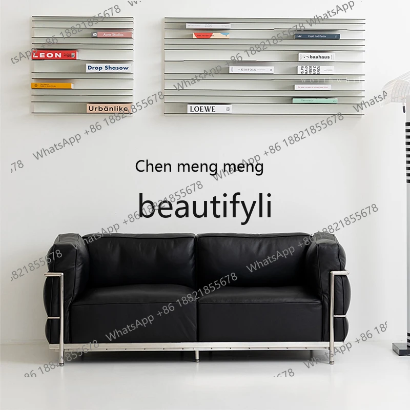 X Vintage Style Black Leather Sofa Light Luxury High-End Feel Living Room Straight Row Small Apartment Three-Seater