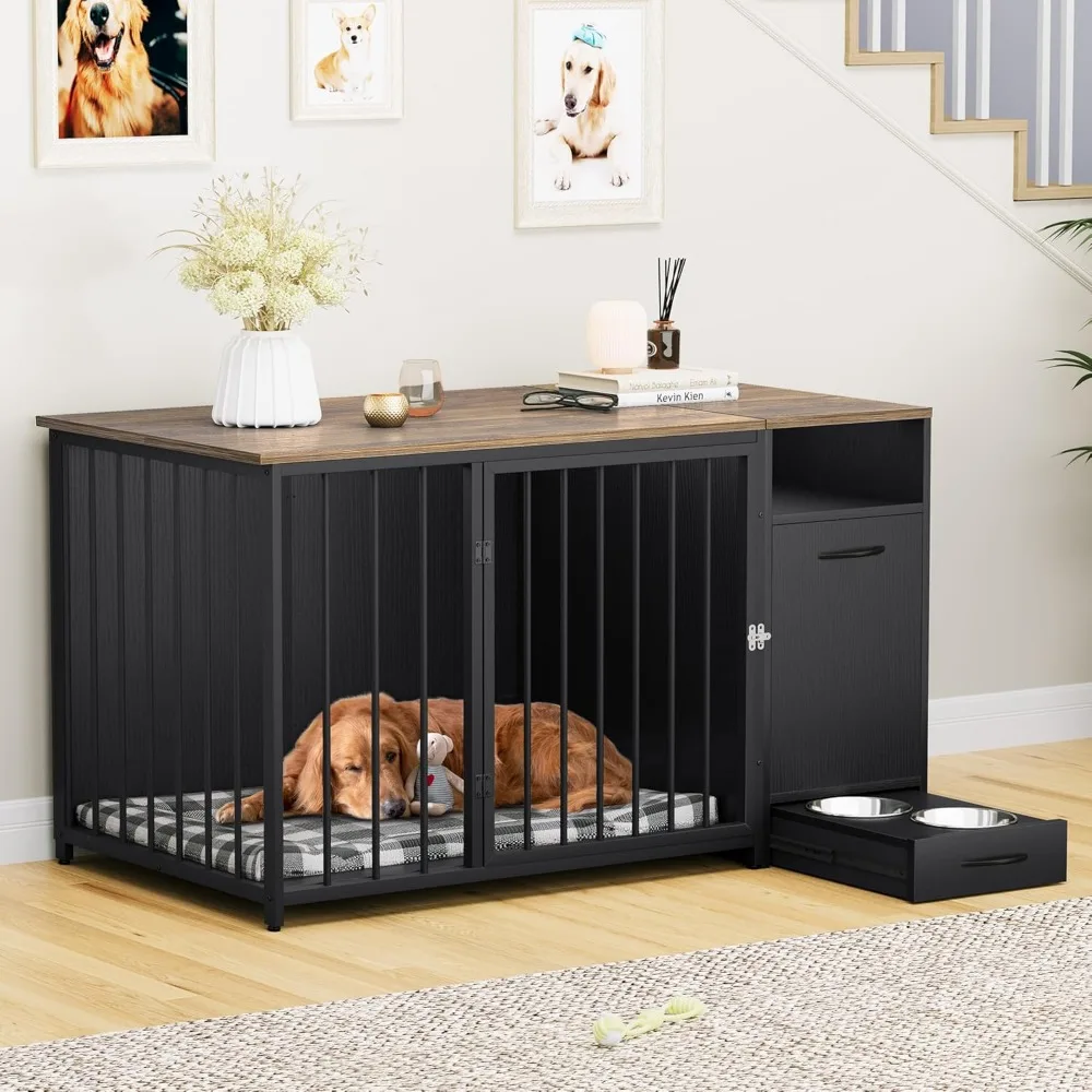 Dog Crate Furniture with Feeder Bowls,Breed Dog Kennel with Storage Drawer, Heavy Duty Dog House TV Stand Indoor for Medium Dogs