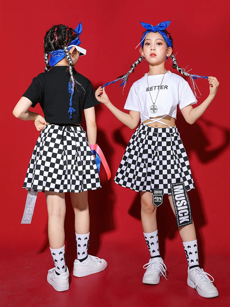 طفل Kpop الهيب هوب الملابس أبيض أسود الدانتيل يصل المحاصيل الأعلى تي شيرت الشارع متقلب تنورة صغيرة لفتاة ملابس رقص الجاز الملابس