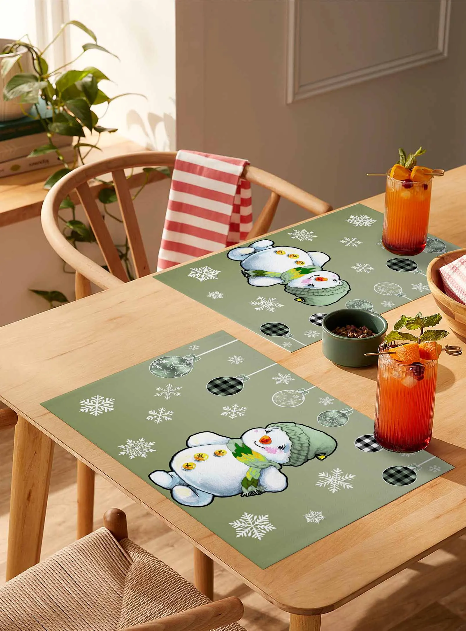 

4/6 Pcs Winter Ball Green Snowman Placemat Wedding Party Dining Decor Linen Table Mat Kitchen Accessories